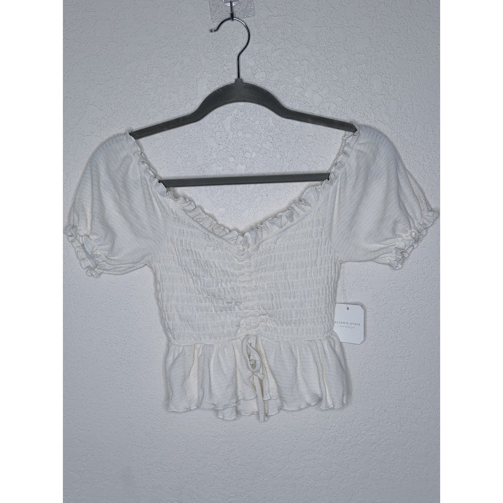 NWT$48 Altar'D State Smocked Top XXS White Coquette Puff Sleeve Ruffled
